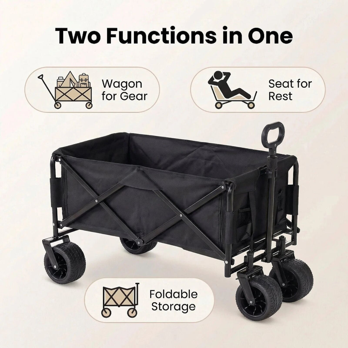 2-in-1 Black Utility Camping Wagon Cart with Seat Mode | 100kg Capacity | All-Terrain Portable Collapsible Grocery Cart for Sports & Garden