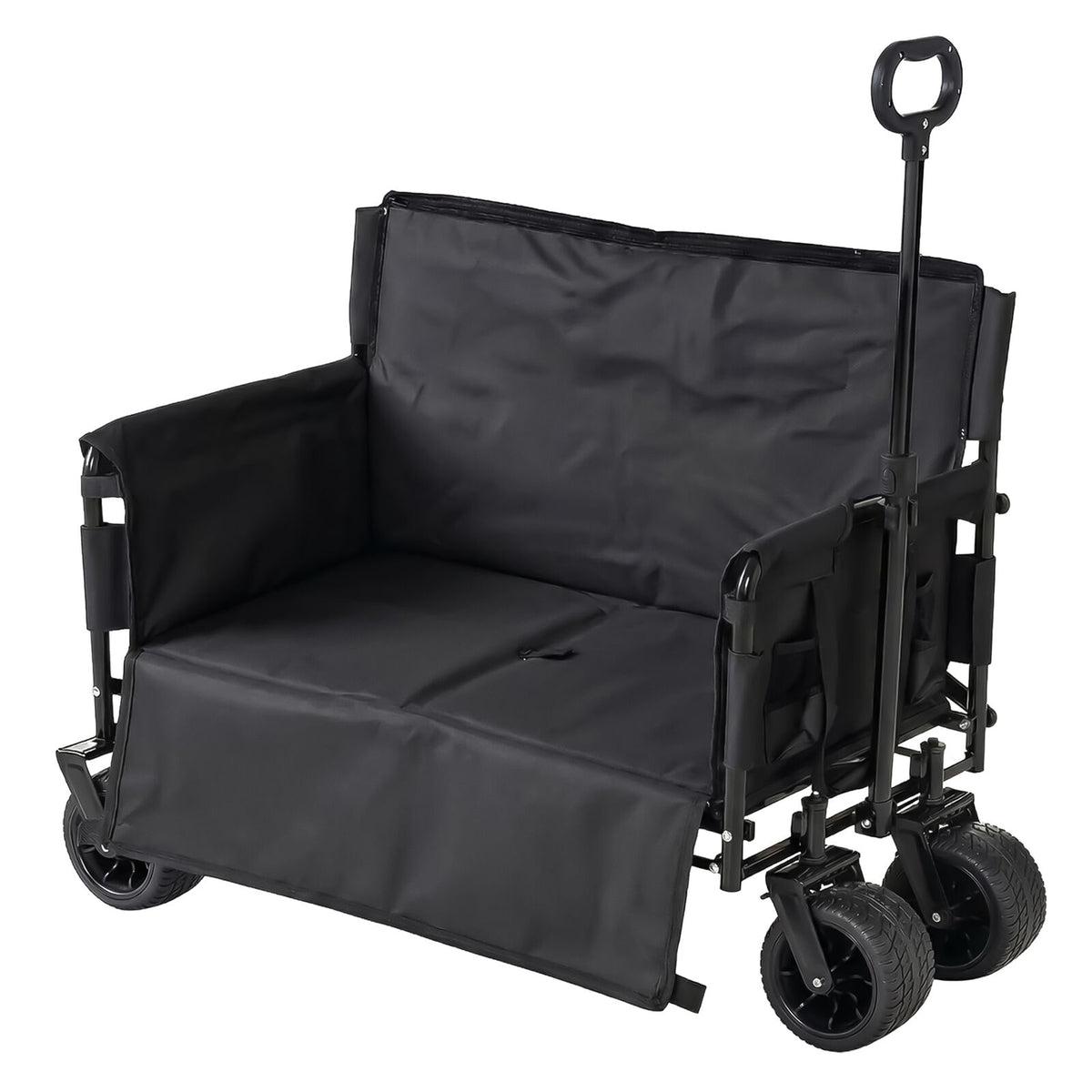 2-in-1 Black Utility Camping Wagon Cart with Seat Mode | 100kg Capacity | All-Terrain Portable Collapsible Grocery Cart for Sports & Garden