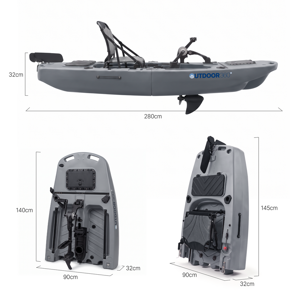 Modular Propeller Drive Pedal Fishing Kayak 2.8m for Saltwater & Freshwater - Grey