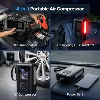 4-in-1 Car Jump Starter with Air Compressor, Power Bank and LED Emergency Light - 8000mAh | 150 PSI Tyre Inflator | 1000A for 12V Vehicles
