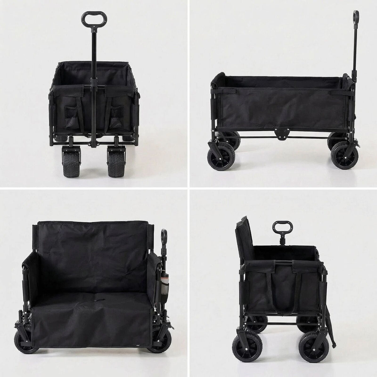 2-in-1 Black Utility Camping Wagon Cart with Seat Mode | 100kg Capacity | All-Terrain Portable Collapsible Grocery Cart for Sports & Garden