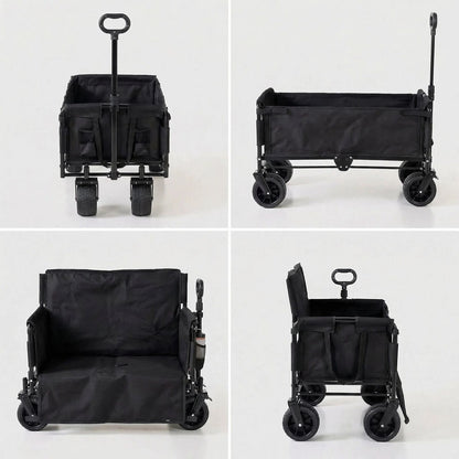 2-in-1 Black Utility Camping Wagon Cart with Seat Mode | 100kg Capacity | All-Terrain Portable Collapsible Grocery Cart for Sports & Garden