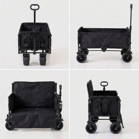 2-in-1 Black Utility Camping Wagon Cart with Seat Mode | 100kg Capacity | All-Terrain Portable Collapsible Grocery Cart for Sports & Garden