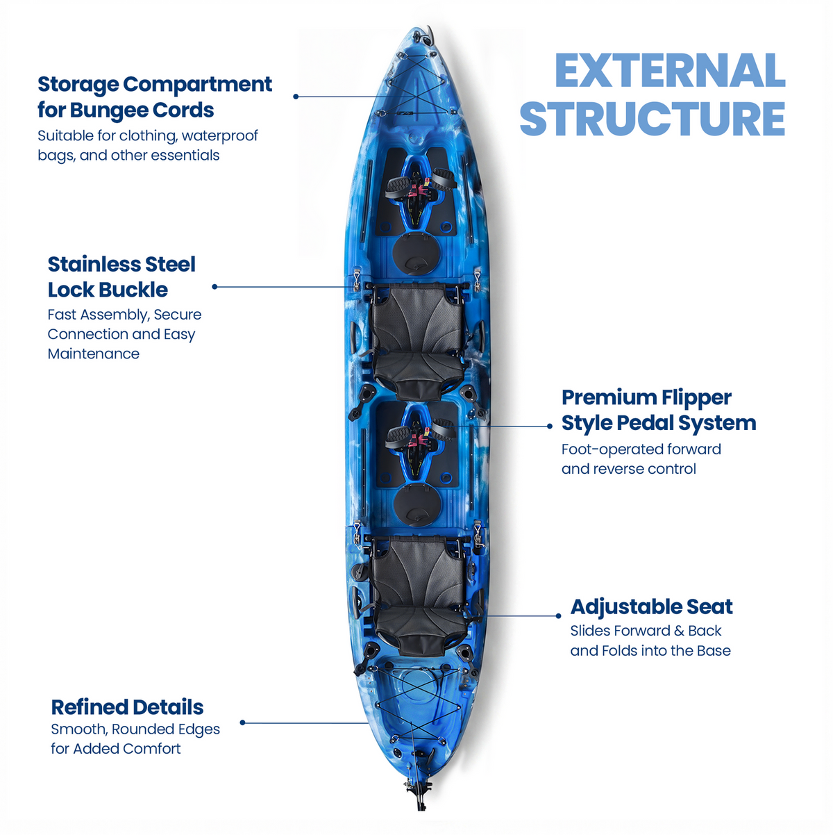 Tandem 3pc Modular Fin Drive Pedal Fishing Kayak 4.1m for Saltwater & Freshwater - Blue