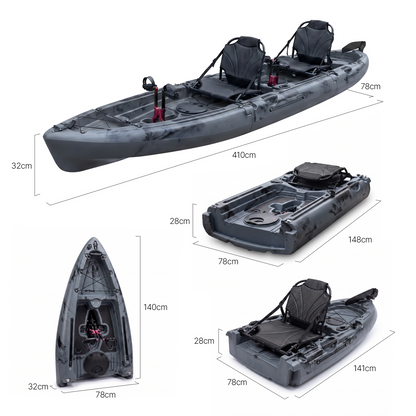 Tandem 3pc Modular Fin Drive Pedal Fishing Kayak 4.1m for Saltwater & Freshwater - Grey
